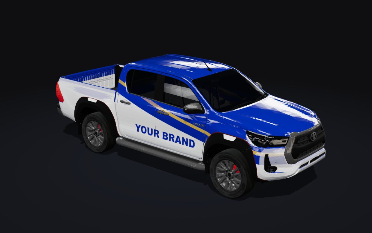 A double-cab bakkie in a blue, white and gold full wrap with "YOUR BRAND" on the doors, shown in the 3D Design Studio